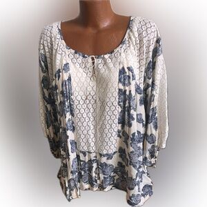 Free People mod hippie boho peasant tunic lovely shape! Blue rose print L 💕 54”